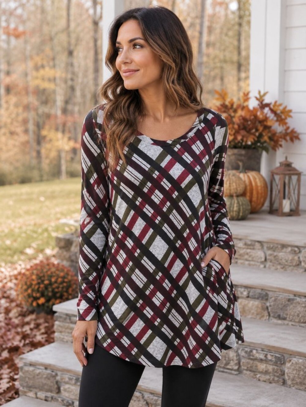 iGenjun Plaid Tunic Top Women's L Burgundy Olive Plaid Long Sleeve Side Buttons